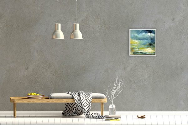 Sommergewitter. Acrylgemälde mit semiabstrakter Landschaft in Blautönen van Wand